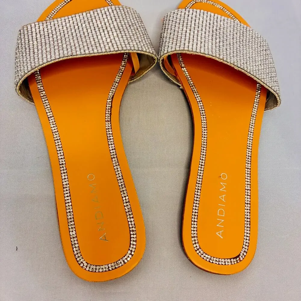Andiamo Sparkle Atabitha Slides Flat Sandal Shoes Women US 9W Silver Rhinestone